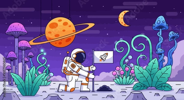 Fototapeta Astronaut Planting Flag on Alien Planet with Mushrooms and Rings