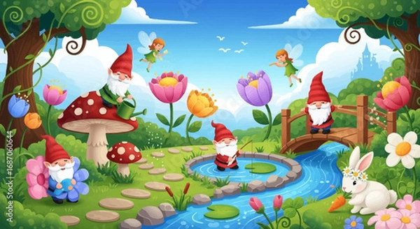 Fototapeta Whimsical scene of garden gnomes and fairies in a magical spring landscape. Fantasy cartoon vector illustration with a colorful pond and flowers