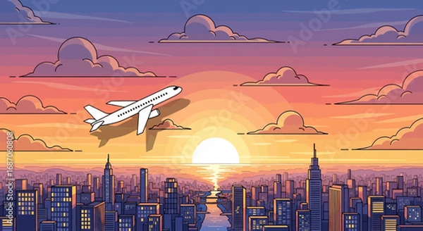 Fototapeta A passenger airplane soars over a pixelated urban skyline during a beautiful and colorful sunrise, symbolizing travel and new beginnings
