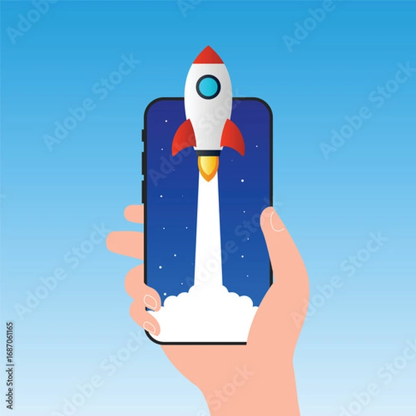 Fototapeta Concept of the startup and project development, with spaceship and mobile phone. Flat illustration of a spaceship and a smartphone	
