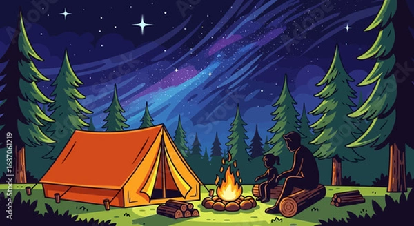 Fototapeta Vector illustration of a parent and child bonding by a campfire, camping in a forest under a beautiful starry night sky