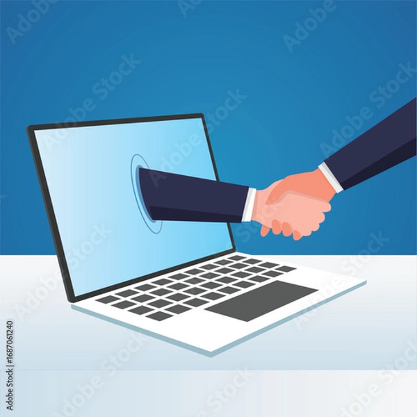 Fototapeta Handshaking on laptop concept. Online Communication, two business man handshake on laptop, Businesspersons shaking hands through display of a laptop