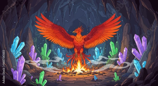 Fototapeta A vibrant fire creature, wings spread, rises from sacred flames within a mystical crystal cave, symbolizing powerful rebirth and ancient power