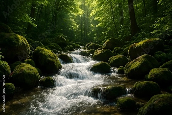 Fototapeta Windows 11 Wallpaper: Calm mountain stream flowing gently through moss-covered rocks in forest under soft daylight in tranquil nature scene