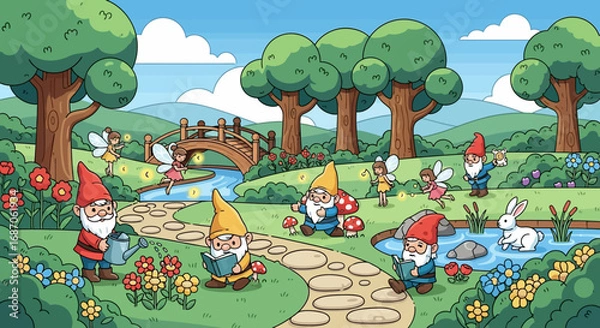 Fototapeta Enchanted garden landscape with playful gnomes reading, fishing, and playing music alongside magical fairies by a stream