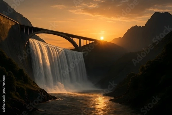 Fototapeta Windows 11 Wallpaper: Scenic view of sunset behind dramatic arched bridge with waterfall and mist in mountainous canyon during golden hour