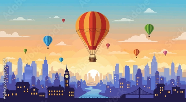 Fototapeta Colorful hot air balloons gently whisk above a vibrant city skyline, capturing the essence of urban travel and a serene river at dawn