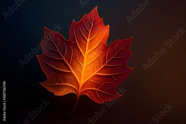 Fototapeta Windows 11 Wallpaper: Single red autumn leaf on dark background with glowing rim light and dramatic seasonal contrast
