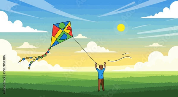 Fototapeta A person flying a colorful kite in a vast green field under a bright sunny sky with fluffy clouds