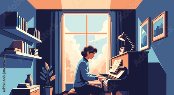 Fototapeta Serene Piano Player at Home A Tranquil Moment by the Window, Playing Music in Sunlight