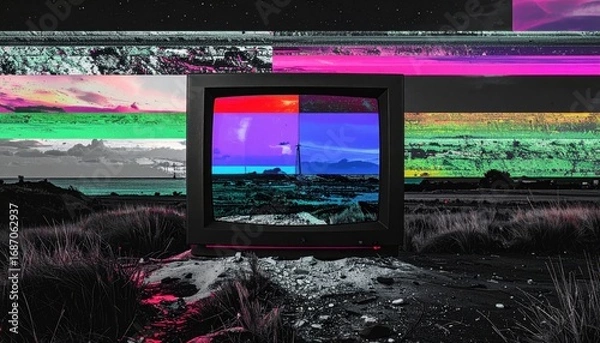 Fototapeta VHS corrupted screen with RGB split and noisy analog texture 