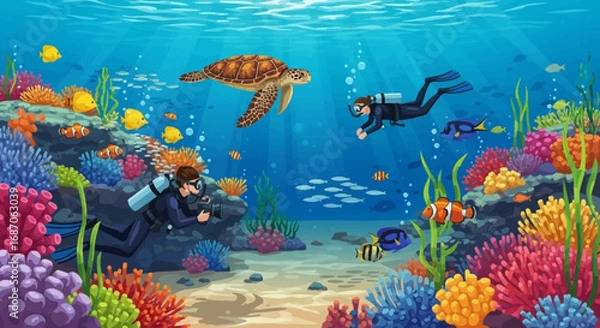 Fototapeta Underwater Exploration with Divers, Turtle, and Vibrant Coral Reef