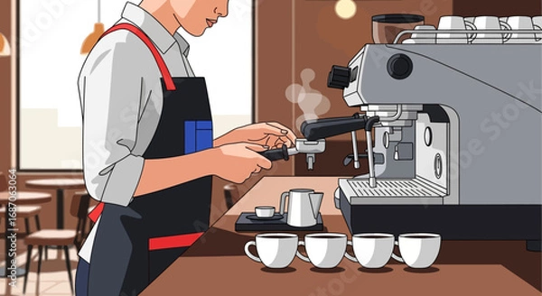 Fototapeta A skilled barista meticulously prepares multiple cups of freshly brewed coffee using a professional espresso machine in a modern and inviting coffee shop, emphasizing quality and service