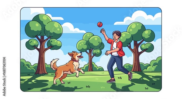 Fototapeta A joyful moment of a person playing fetch with their happy dog in a park on a sunny day, surrounded by lush trees and green grass, under a blue sky with fluffy clouds