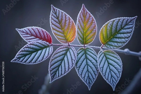 Fototapeta Windows 11 Wallpaper: Leaf cluster showing fall color change with pink, green, and yellow tones on soft dark background in botanical close-up