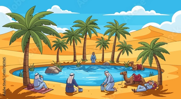 Fototapeta A vibrant illustration of a desert caravan with people and camels resting and refreshing at a secluded, tranquil oasis with palm trees