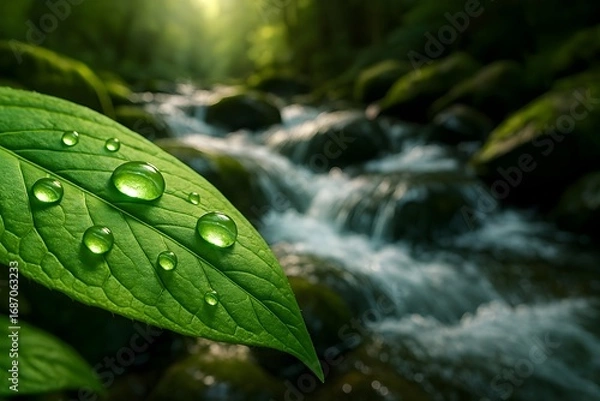 Fototapeta Windows 11 Wallpaper: Close-up of vibrant green leaf covered in raindrops, resting beside small forest stream in fresh natural setting