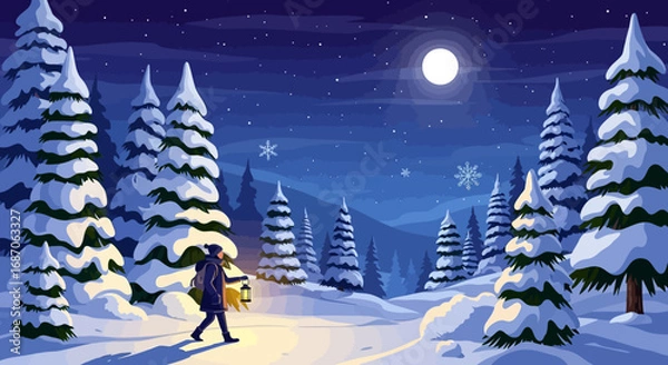 Fototapeta Enchanting winter night journey through a snow-covered forest, a solitary figure with a lantern under the luminous full moon and falling snowflakes