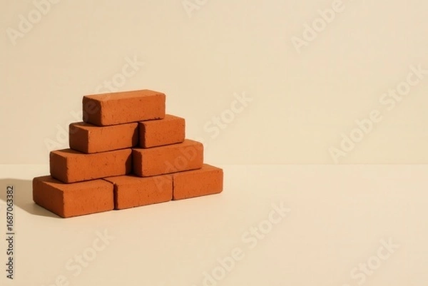 Fototapeta Stacked bricks on smooth surface with soft shadows and negative space for banner