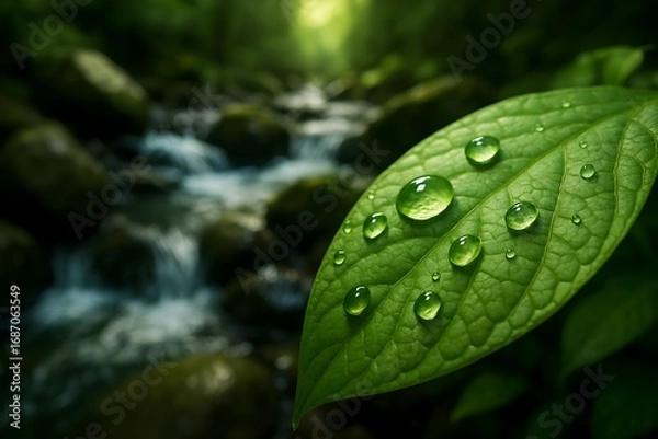 Fototapeta Windows 11 Wallpaper: Macro shot of green leaf with water droplets in forest showing texture, freshness, and natural hydration detail