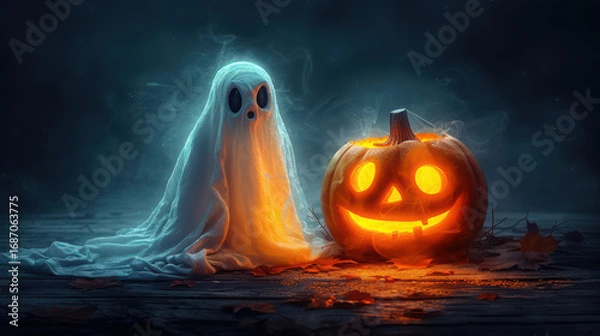 Fototapeta A spooky ghost and a glowing jackolantern sit together on a wooden surface in a dark, misty, and atmospheric setting, perfect for halloween