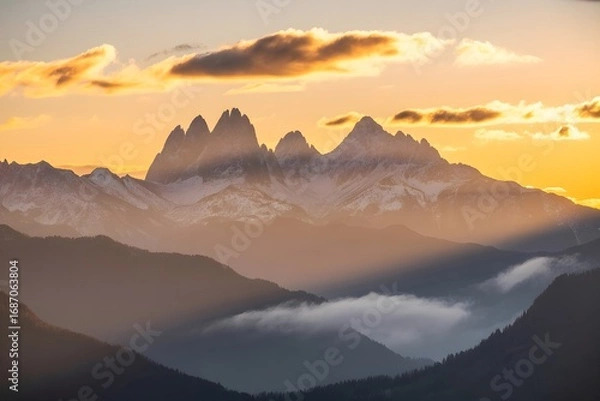 Fototapeta Windows 11 Wallpaper: Golden sunrise lighting rugged mountain peaks above forest with soft clouds and warm glow in early morning view