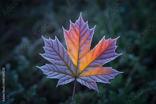 Fototapeta Windows 11 Wallpaper: Colorful leaf with pink and purple hues resting on dark green ground in close-up nature shot with shallow depth of field