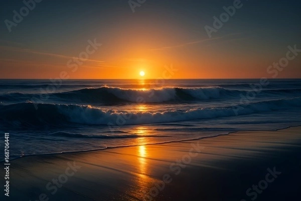 Fototapeta Windows 11 Wallpaper: Golden sunset at sea with gentle waves and warm colors reflecting on the surface in a peaceful evening seascape