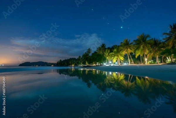 Fototapeta Windows 11 Wallpaper: Calm tropical coastline at dusk with still water and palm trees under a soft twilight sky reflecting ocean tranquility