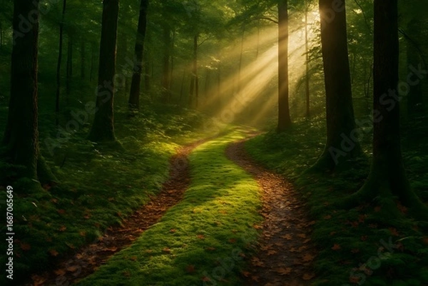 Fototapeta Windows 11 Wallpaper: Mossy trail through dense sunlit forest with soft golden rays creating magical atmosphere and tranquil nature scene