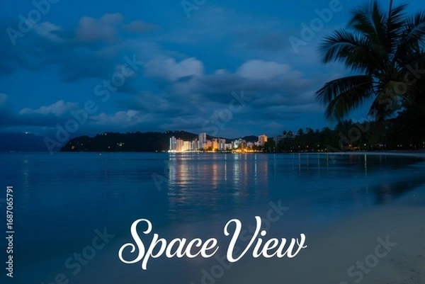 Fototapeta Windows 11 Wallpaper: Nighttime tropical beach with palm trees and lit building reflecting on calm sea, featuring 'Space View' text overlay