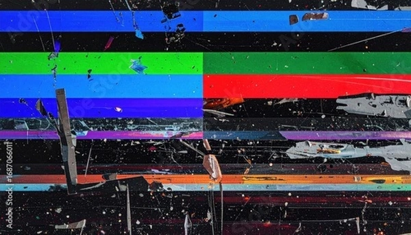 Fototapeta VHS corrupted screen with RGB split and noisy analog texture 