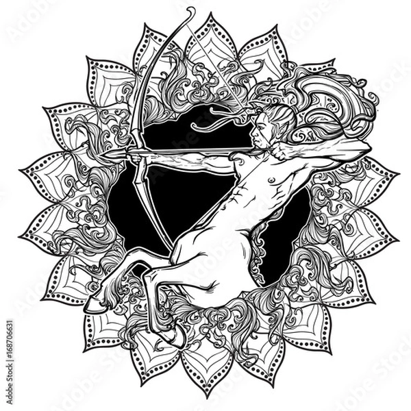 Fototapeta Znak zodiaku Strzelec z ozdobną ramką z rozbłysków słonecznych i płatków słonecznika. Grafika koncepcyjna astrologii. Projekt tatuażu. Gejowski styl pinup. Rysunek liniowy na białym tle. Eps10 wektor