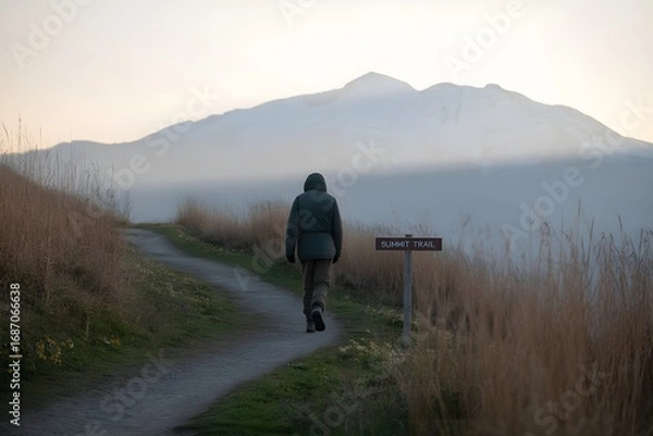 Fototapeta Windows 11 Wallpaper: Lone traveler walking along grassy path in misty valley with mountain backdrop and soft morning light