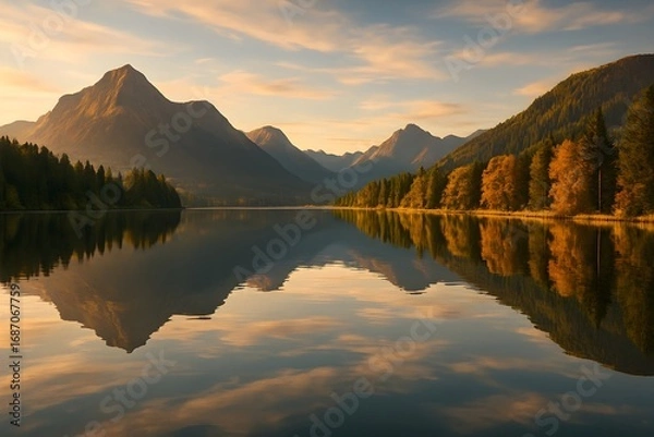 Fototapeta Windows 11 Wallpaper: Golden hour mountain landscape reflected in lake with glowing sky and forest in the background, peaceful nature scene