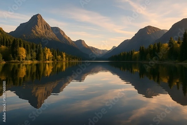 Fototapeta Windows 11 Wallpaper: Sunset over peaceful alpine lake with mountain range reflection in calm water and golden evening light