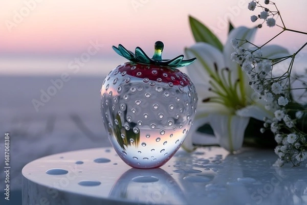 Fototapeta Windows 11 Wallpaper: Glass bowl with miniature scenery of island, flowers, and lights set on calm water surface at dreamy dusk