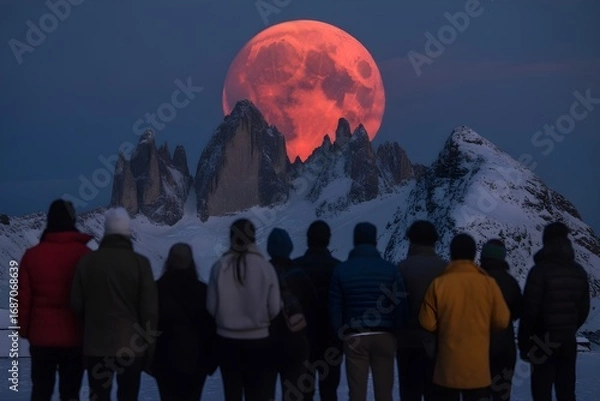 Fototapeta Windows 11 Wallpaper: Crowd of people observing massive red moon rise above mountain peaks during twilight in dramatic celestial night scene
