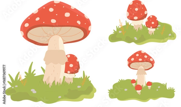 Fototapeta An illustration with red and white spotted mushrooms on a grass background. A set of vector mushrooms.