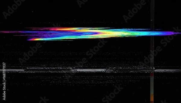 Fototapeta VHS corrupted video feed with rainbow RGB distortion on dark screen 