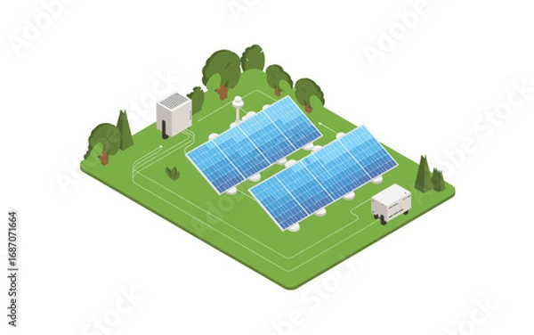Fototapeta Isometric Solar Panel Farm Illustration: Sustainable Energy, Renewable Resources and Clean Power for a Greener Future Depicted on a Green Plain Landscape.