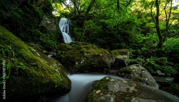 Obraz Lush waterfall cascading down mossy rocks in a dense forest