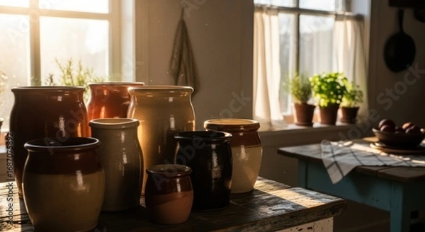 Obraz Vintage Kitchen Jars Sunlight Through Window.