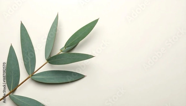 Fototapeta Flat lay of eucalyptus branch with copy space against a clean, off-white background, showcasing a minimalist aesthetic and calming, muted green tones.
