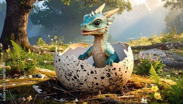 Obraz A baby dragon hatching from an egg in a grassy meadow
