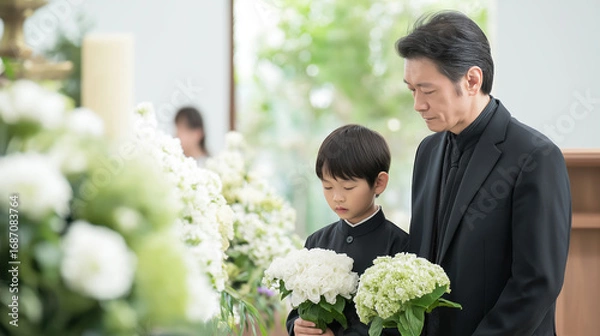 Fototapeta 教会でのお葬式と白い花を持つ父と子。Generative AI