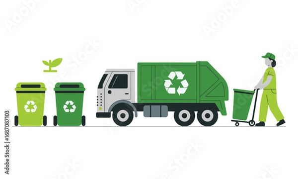 Fototapeta Illustration of green recycling truck, bins, and worker with leaf icon, symbolizing environmental sustainability and waste management