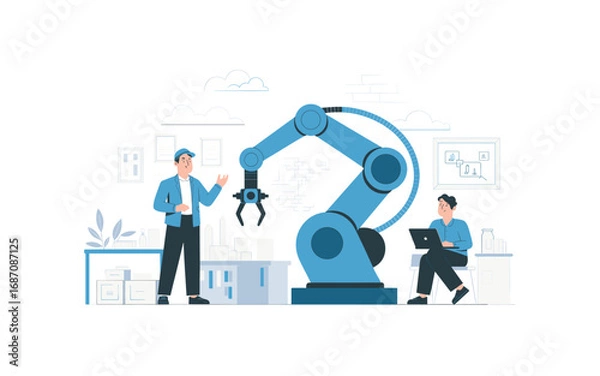 Fototapeta Automation and Human Collaboration: Engineer controlling Robotic Arm with laptop, while supervisor Overseeing Production in a Modern Manufacturing Plant with Automation Technology