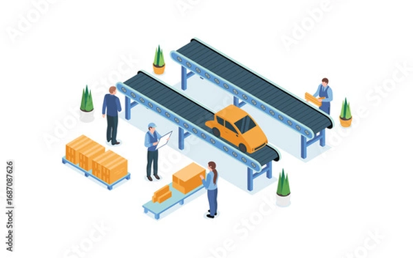 Fototapeta Isometric Car Manufacturing Assembly Line Process with Workers, Conveyor Belts, and Quality Control for Factory Automation and Efficiency in Production.