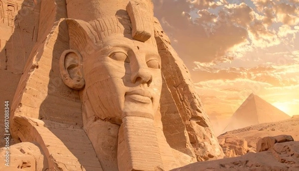 Obraz Ancient Egyptian statue in desert landscape at sunrise